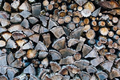 The Ends Of Wooden Logs In A Large Stack Of Firewood Weathered By