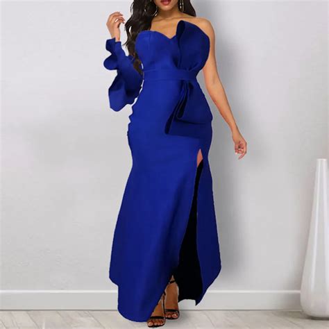 Blue Falbala Women Party Dress Sexy Strapless Long Maxi Dinner Mermaid