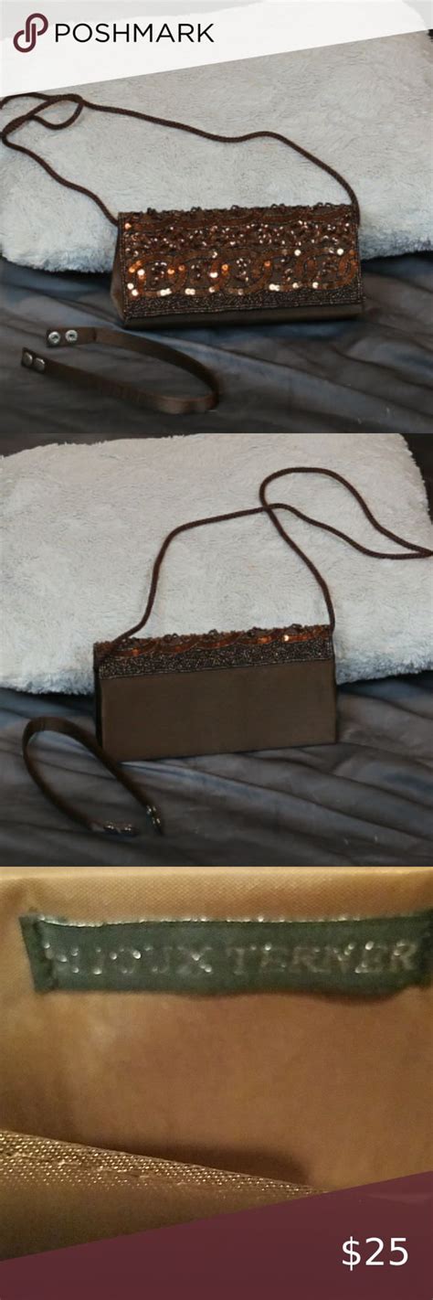 Nwot Bijou Terner Brown Satin Sequin Bead Clutch Beaded Clutch