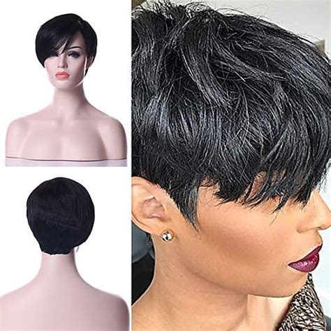 Hair Human Hair Short Wigs Pixie Cut Wigs With Bangs Short Black