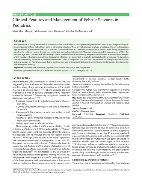 Pdf Clinical Features And Management Of Febrile Seizures In Pediatrics