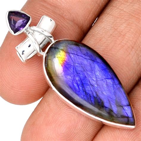 Pendentif protection labradorite violet et améthyste monture argent 925