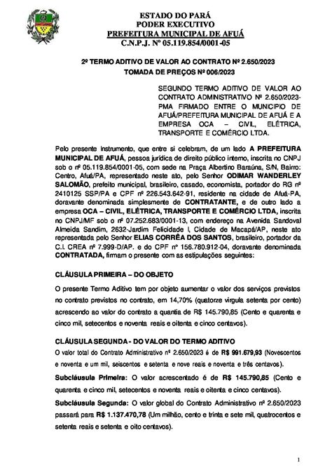 2º TERMO ADITIVO DE VALOR AO CONTRATO Nº 2650 2023 Prefeitura