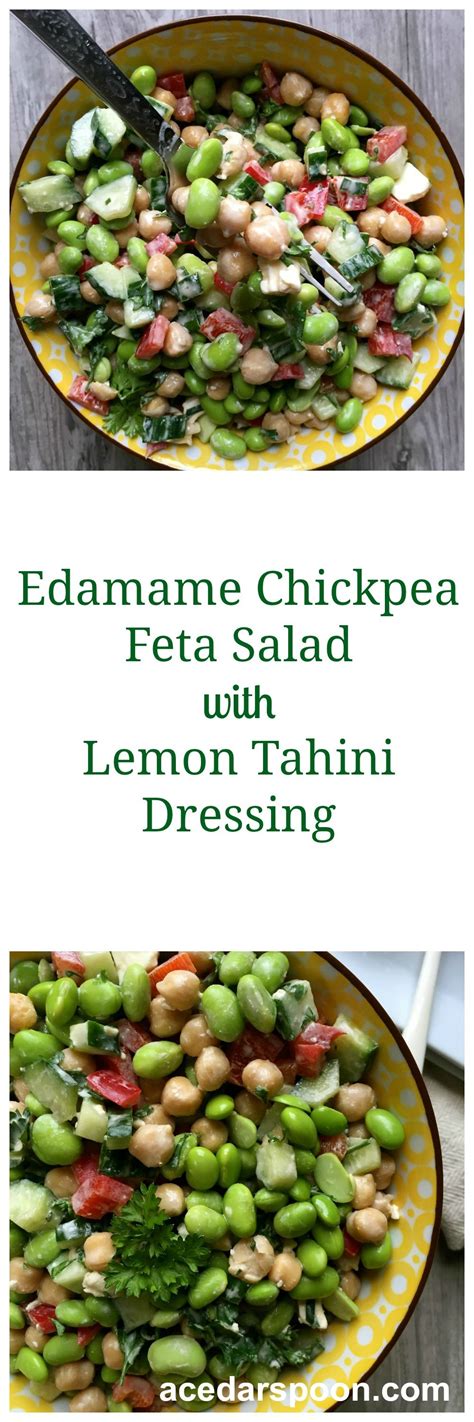 Edamame Chickpea Feta Salad With Lemon Tahini Dressing Is A Fresh Nutritious Salad Of Edamame