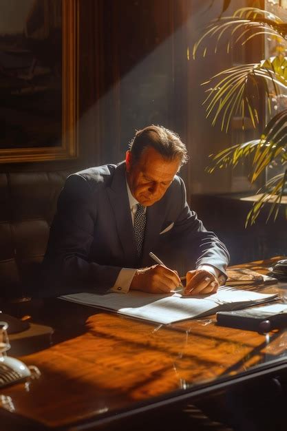 Premium Photo Professional Man In Suit Writing At Desk Suitable For