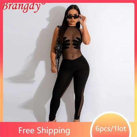 Pcs Wholesale Mesh Patchwork Jumpsuit For Women Sexy Sleeveless O Neck