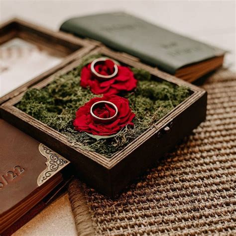 Preserved Red Rose Wedding Ring Box Moss Eucalyptus Natural Flowers