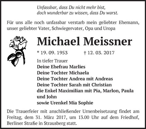 Traueranzeigen von Michael Meissner Märkische Onlinezeitung Trauerportal