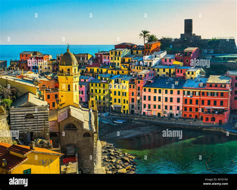 Vernazza Village Church And Buildings Aerial View Seascape In Five