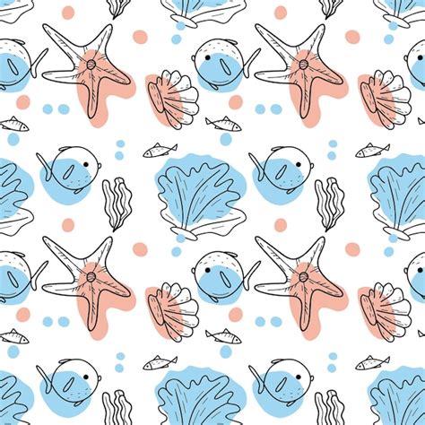 Premium Vector Vector Seamless Pattern Sea Life With Fish Seashell