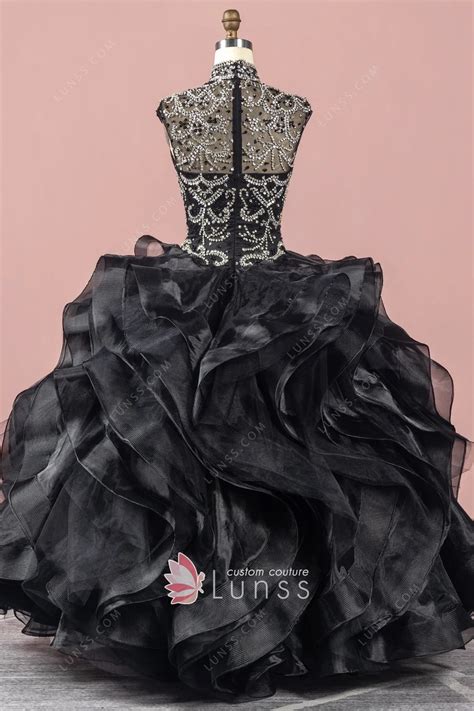 Luxury Beaded Flounced Black Organza Corset Ball Gown Lunss