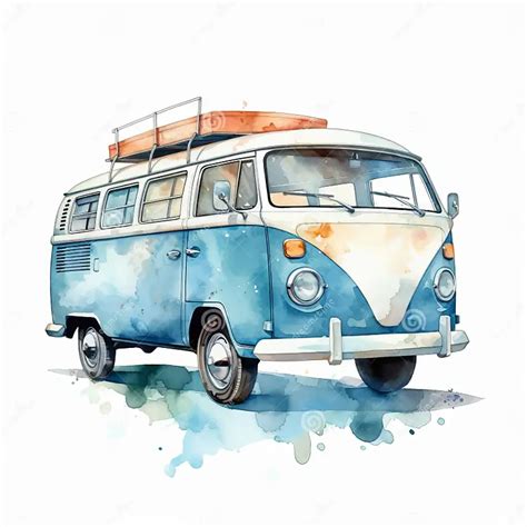 Watercolor Vw Bus Clipart In Blue Rider Style Stock Illustration