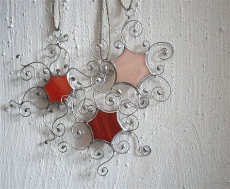 Snowflake Set Ornaments Stained Glass Snowflakes Red Decor Etsy