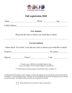 Fillable Online Grand Slam Tennis Academy Fall 2020 Registration Form