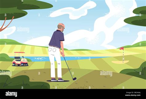 Senior play golf. Elderly golfer playing putt course golfing club field ...