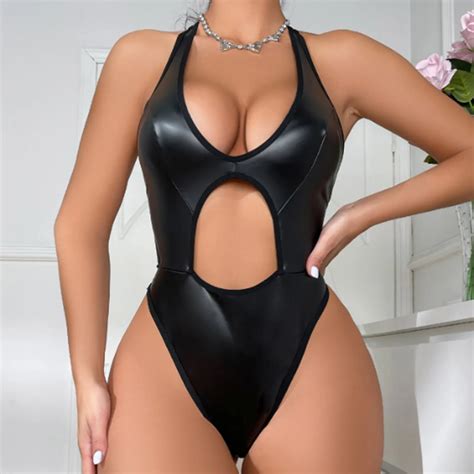 Sexy Patent Leather Bodysuits Women Erotic Lingerie Hot Porn High Cut