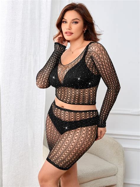 Plus Rhinestone Studded Fishnet Lingerie Set Without Bra Panty