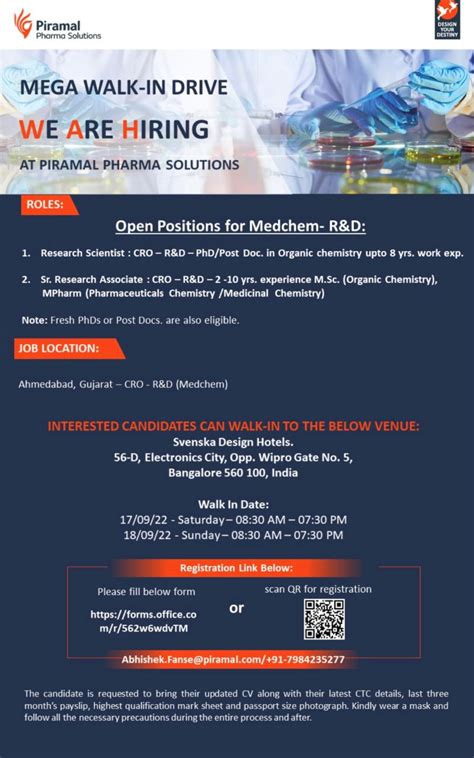 PIRAMAL Mega Walk In Drive On 17th 18th Sept 2022 For Multiple