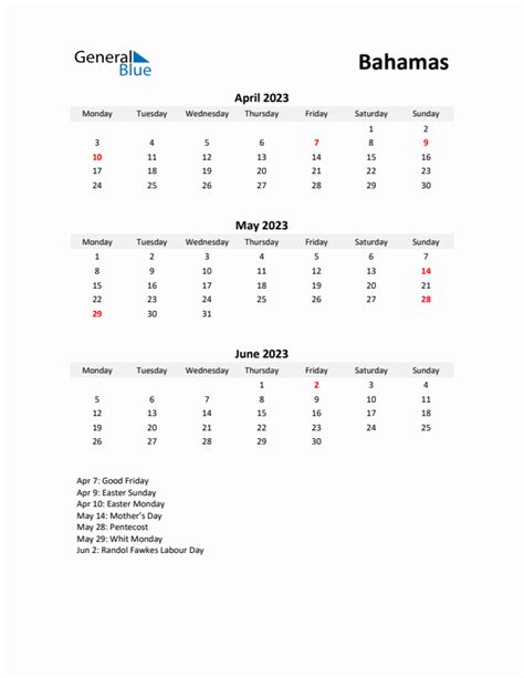 Three Month Calendar For Bahamas Q2 Of 2023