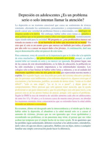 Depresión en adolescentes Es un problema serio o solo intentan llamar