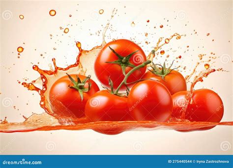 Bunch Of Fresh Ripe Tomatoes With Juice Splash On White Background