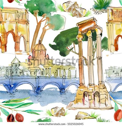 Watercolor Rome Seamless Pattern Hand Drawn Stok İllüstrasyon 1025026045