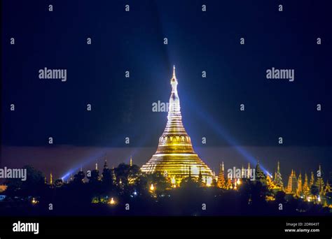 Gold Covered Shwedagon Pagoda Illuminated At Night Yangon Myanmar