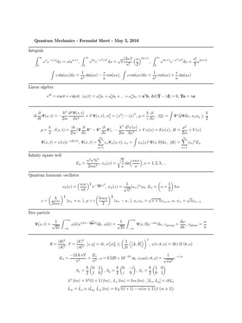 Quantum Mechanics Formula Sheet