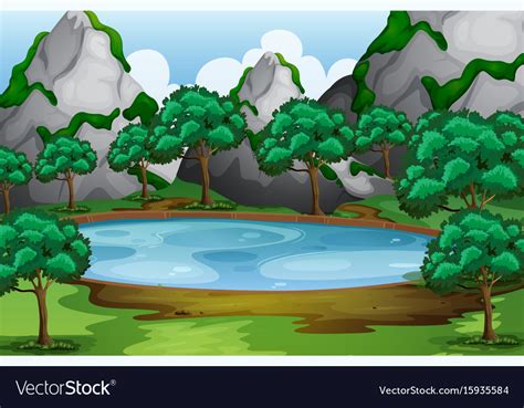 Forest Scene With Trees Around The Pond Royalty Free Vector