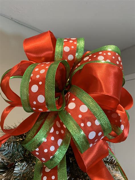 Christmas Tree Topper Bow Red Satin And Lime Shimmering Etsy