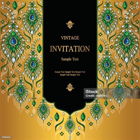 Wedding Invitation Card Templates With Gold Peacock Feathers Patterned