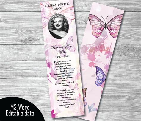 Pink Floral Butterflies Funeral Bookmark Template Memorial Etsy