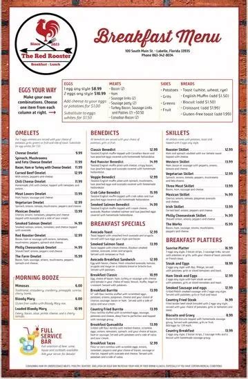 The Red Rooster Labelle Menu Labelle Fl Checkle