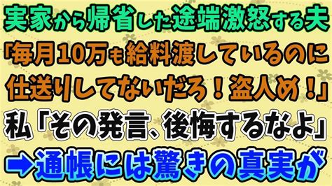 【スカッとする話】実家帰省から戻ってきた途端激怒する夫「毎月10万円も給料を渡してるのに仕送りしてないだろ！盗人め！」私「その発言、公開するな