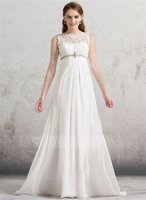 Empire Scoop Neck Sweep Train Chiffon Wedding Dress With Ruffle Beading