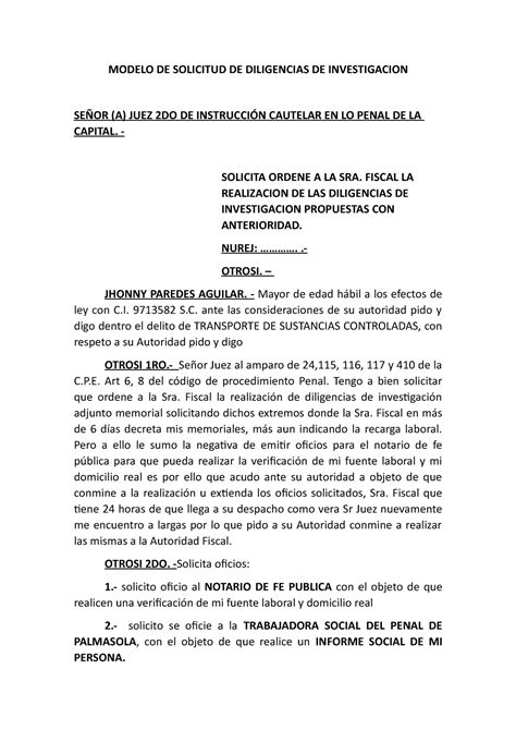 Solicitud De Diligencias De Investigacion Modelo De Solicitud De