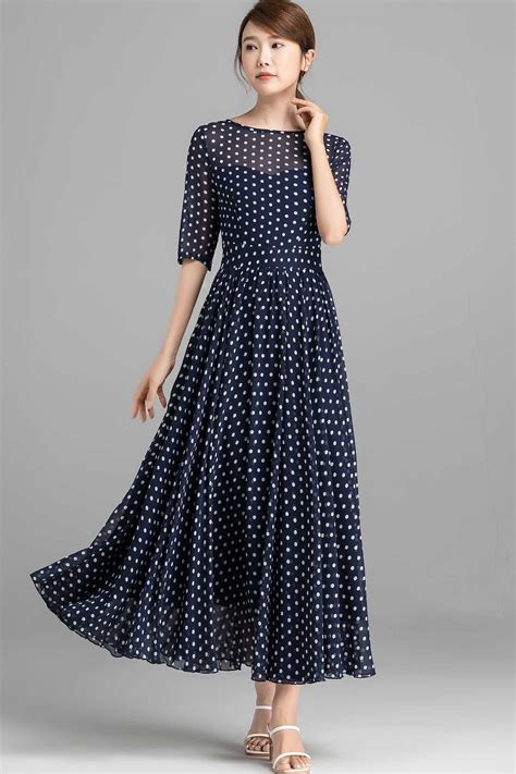 Blue And White Polka Dot Maxi Dress Fit And Flare Chiffon Etsy