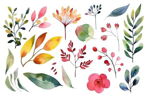 Um Conjunto De Flores E Folhas Em Aquarela Foto Premium