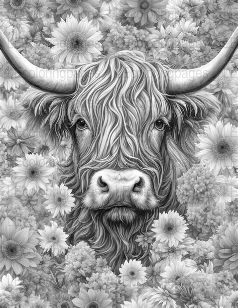 Highland Cow Coloring Page for Adults, Printable Grayscale Floral Design, Intricate Animal ...