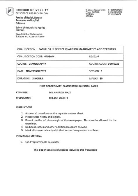 Dem S Demography St Opp November Nust Past Examination