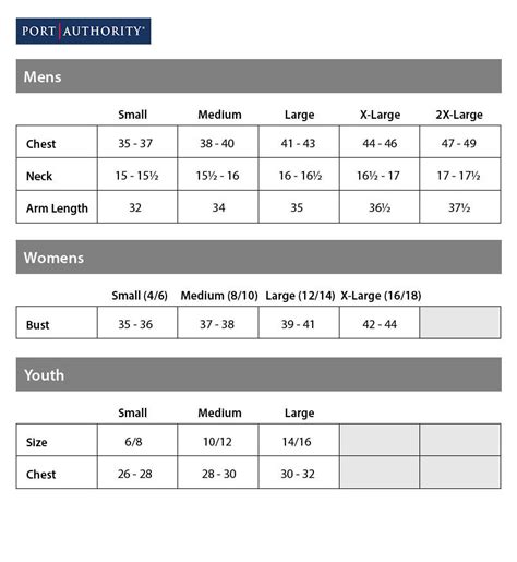 Port Authority Sizing Chart Amerasport