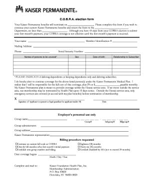 Fillable Online Brokernet Kp COBRA Election Form Kaiser Permanente