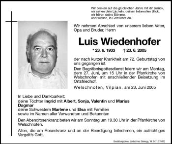 Traueranzeigen Von Luis Wiedenhofer Trauer Bz