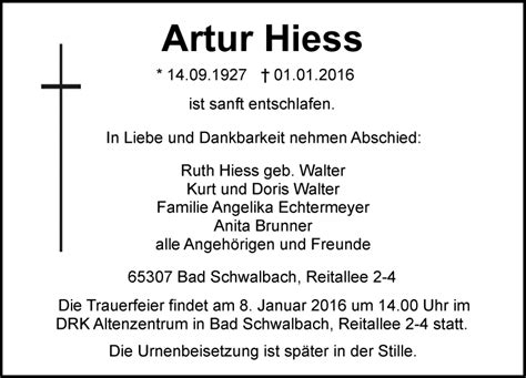 Traueranzeigen Von Artur Hiess Vrm Trauer De