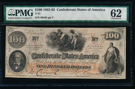 1862-63 $100 Confederate States of America Note PMG 62