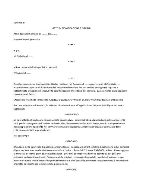 Schema Di ATTO DI SIGNIFICAZIONE E DIFFIDA