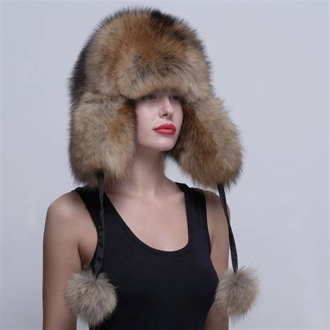 Genuine Raccoon Fur Russian Ushanka Trapper Hat For Women With Fur Ball