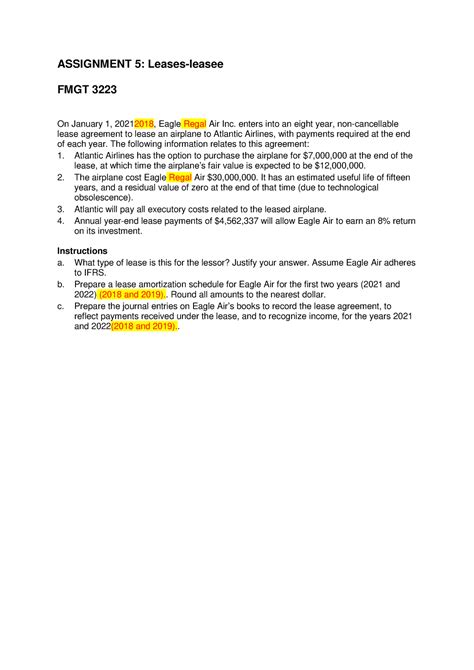 Assignment 5 Assignment 5 Leases Leasee Fmgt 3223 On January 1 2021