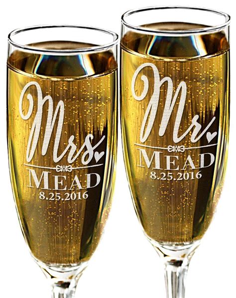 Custom Mr And Mrs Wedding Champagne Glass Personalized With Last Name And Date For Newly