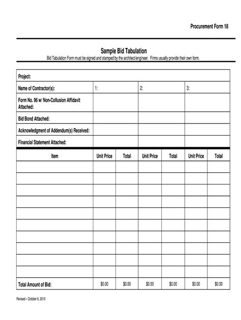 Fillable Online In Procurement Form Bid Tabulation Fax